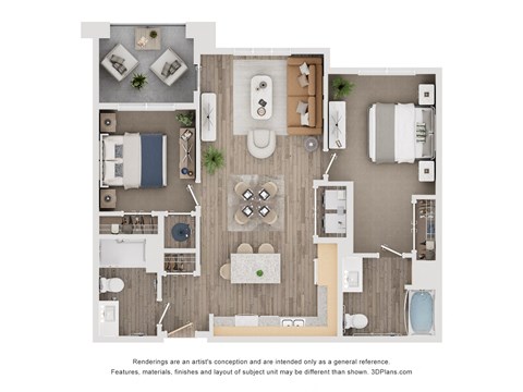 Floor plan for 2 beds, 2 baths, 934 sqft